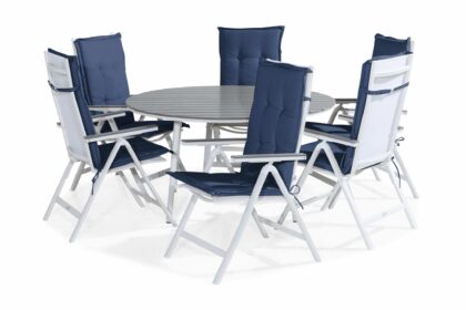 Matgrupp utomhus tunis 140 rund + 6 monaco light stol m dyna - vit|grå|blå