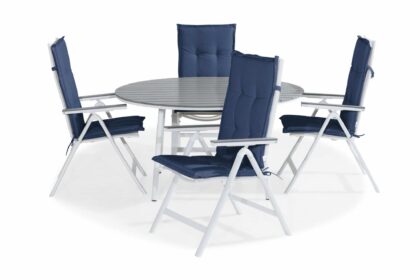 Matgrupp utomhus tunis 140 rund + 4 monaco light stol m dyna - vit|grå|blå
