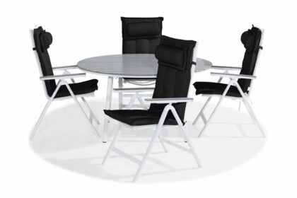 Matgrupp utomhus tunis 140 rund + 4 monaco light stol m dyna - vit/grå/svart