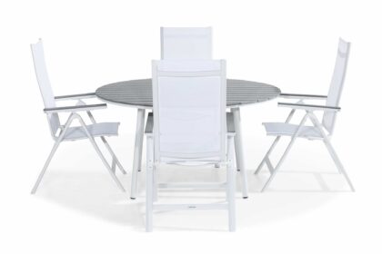 Matgrupp utomhus tunis 140 rund + 4 monaco light positionsstol - vit/grå