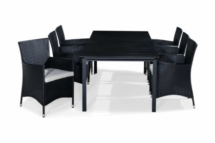Matgrupp utomhus tunis 220-280x90 + 6 thor fåtölj m dyna - svart|offwhite