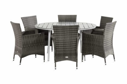 Matgrupp utomhus tunis 140 rund + 6 thor fåtölj - vit/grå