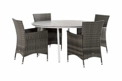 Matgrupp utomhus tunis 140 rund + 4 thor fåtölj - vit/grå