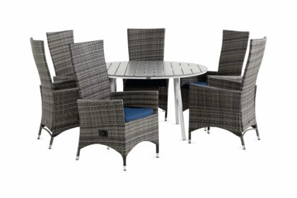 Matgrupp utomhus tunis 140 rund + 6 jenny lyx fåtölj m dyna - vit|grå|blå