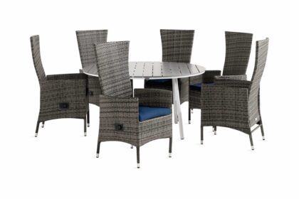 Matgrupp utomhus tunis 140 rund + 6 jenny fåtölj m dyna - vit|grå|blå