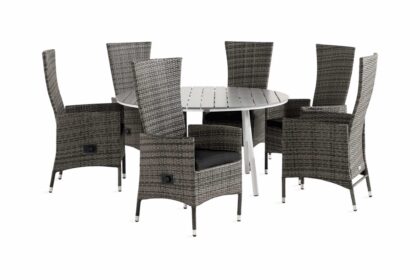 Matgrupp utomhus tunis 140 rund + 6 jenny fåtölj m dyna - vit|grå|svart