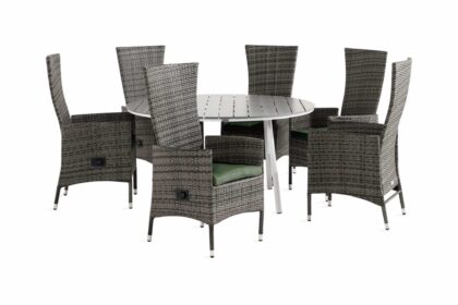 Matgrupp utomhus tunis 140 rund + 6 jenny fåtölj m dyna - vit|grå|grön