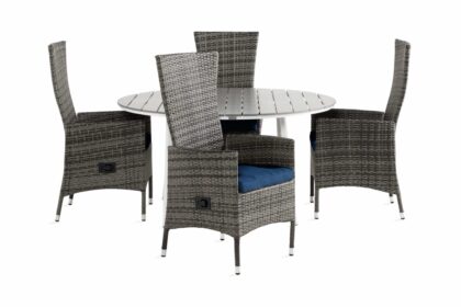 Matgrupp utomhus tunis 140 rund + 4 jenny fåtölj m dyna - vit|grå|blå