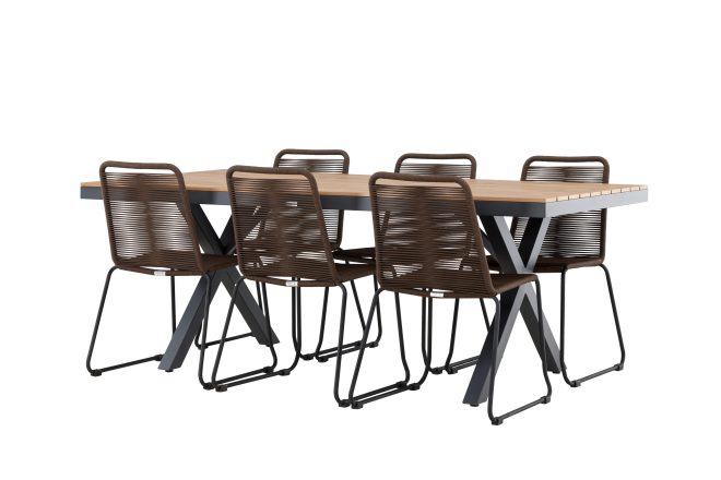 Matgrupp utomhus garcia 200 cm + 6 st lindos matstolar brun/svart -