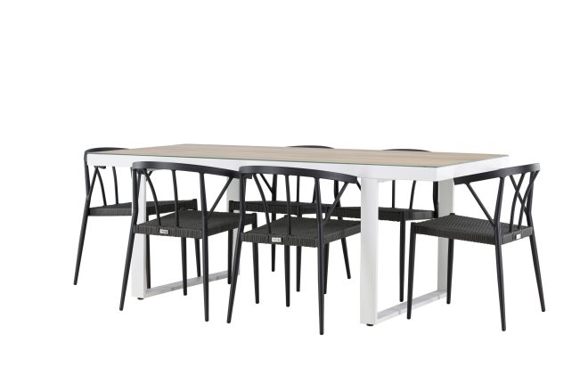 Matgrupp utomhus merlo 200 cm + 6 st stina matstolar svart/vit -