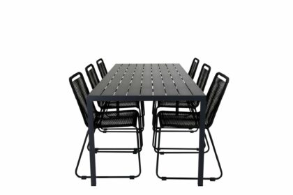 Break matgrupp utomhus 205cm + 6 lindos stapelbara matstolar utomhus svart/g - venture home