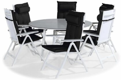 Matgrupp utomhus tunis 140 rund + 6 monaco light stol m dyna - vit/grå/svart