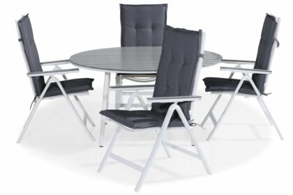 Matgrupp utomhus tunis 140 rund + 4 monaco light stol m dyna - vit|grå|grå