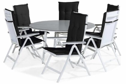 Matgrupp utomhus tunis 140 rund + 6 monaco light stol m dyna - vit|grå|svart
