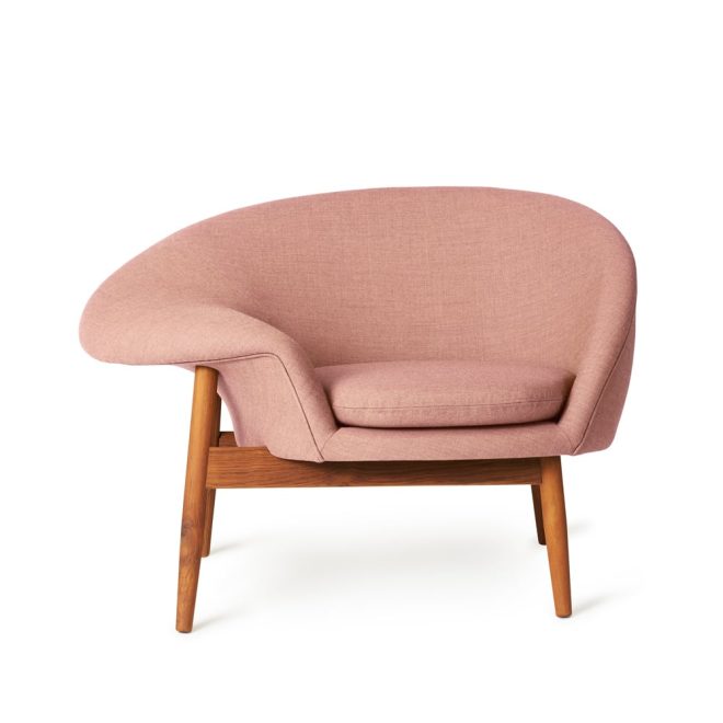 Warm nordic fried egg fåtölj tyg canvas 614 pale rose, oljade teakben