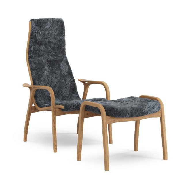 Swedese lamino fåtölj och fotpall oljad ek/fårskinn charcoal (mörkgrå)
