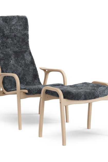 Swedese lamino fåtölj och fotpall lackad bok/fårskinn charcoal (mörkgrå)