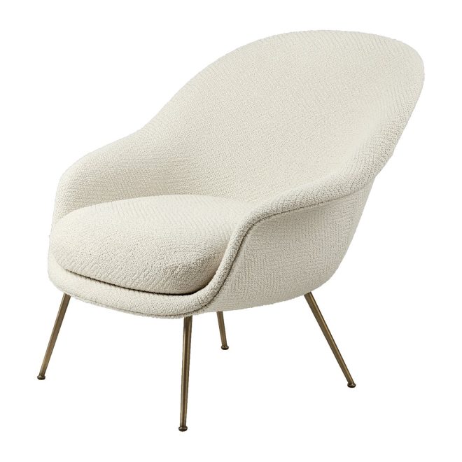 Gubi bat lounge chair low back conic base dora boucle 0001-antique brass