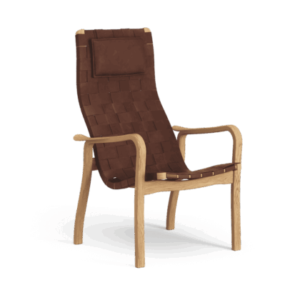 Swedese primo fåtölj hög med nackkudde oljad ek remläder brunröd