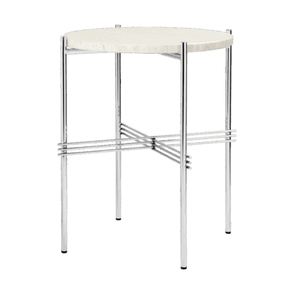 Gubi ts sidobord polerat stål Ø40 neutral white travertine
