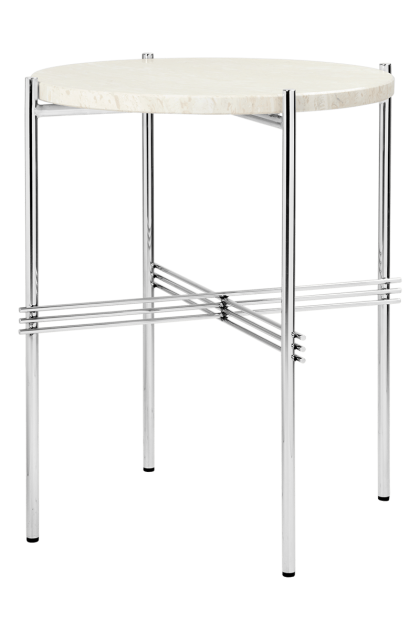 Gubi ts sidobord polerat stål Ø40 neutral white travertine