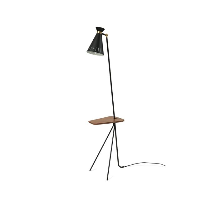 Warm nordic cone golvlampa black noir, teakbord, mässingsdetaljer