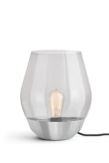 New works bowl bordslampa stainless steel, ljust rökfärgat glas