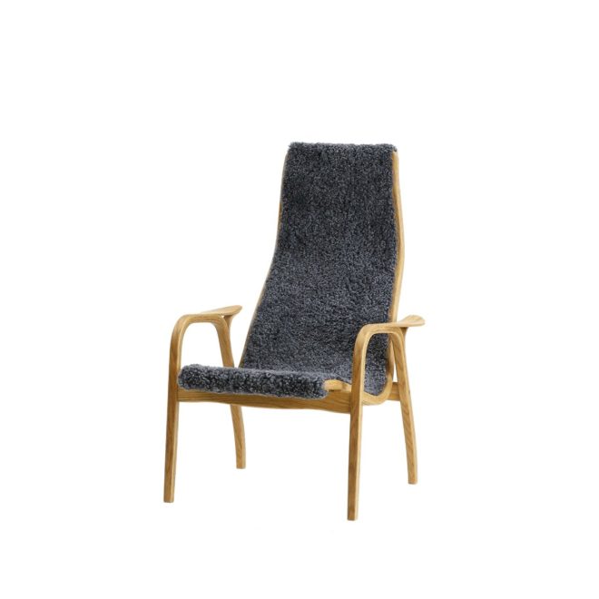 Swedese lamini barnfåtölj fårskinn charcoal, oljad ek