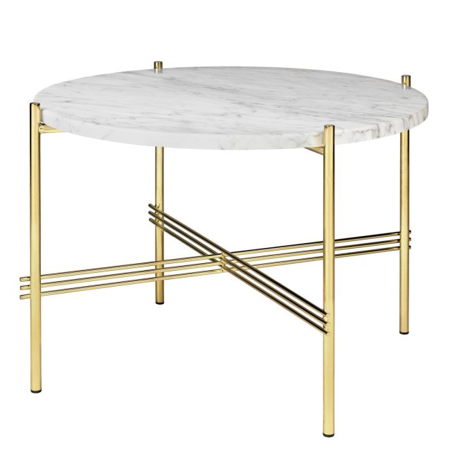 Gubi ts soffbord mässingsben Ø 55 cm vit marmor