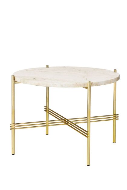 Gubi ts round soffbord natural white travertine, ø55, mässingsstativ