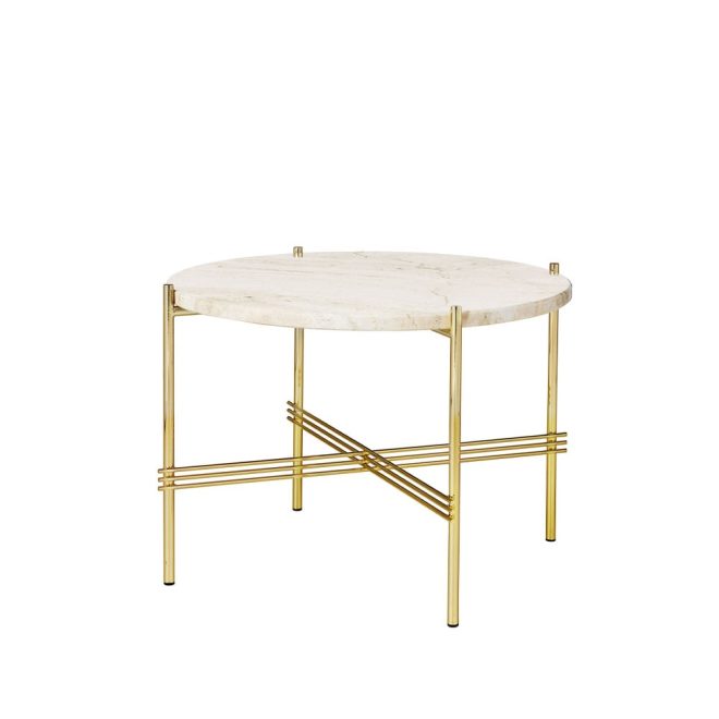 Gubi ts round soffbord natural white travertine, ø55, mässingsstativ