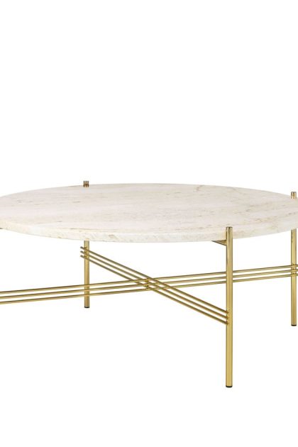 Gubi ts round soffbord natural white travertine, ø80, mässingsstativ